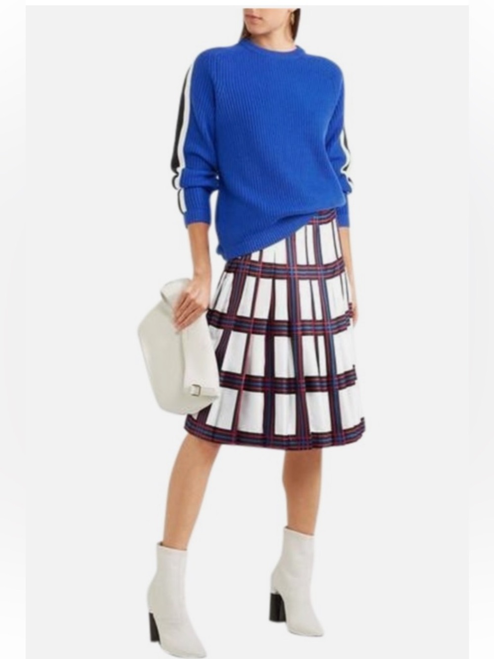 TORY BURCH Harper Silk Twill Pleated Plaid Skirt Valley Plaid White Blue Red 4